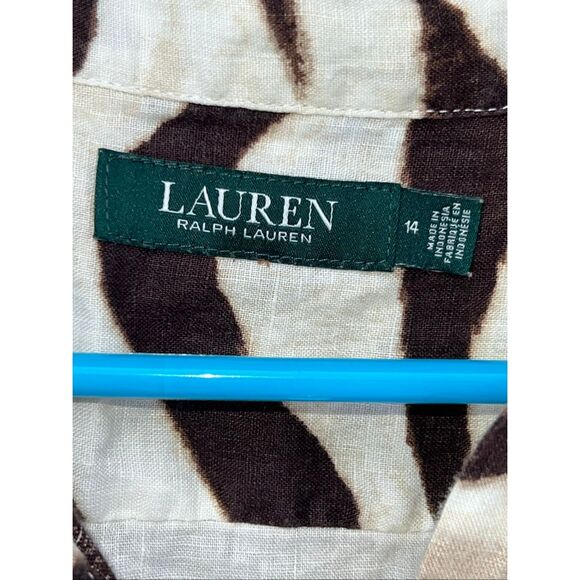 Ralph Lauren Shirt Dress 14 100% Linen Zebra Safari Print Waist Tie 3/4 Sleeve - Picture 10 of 11